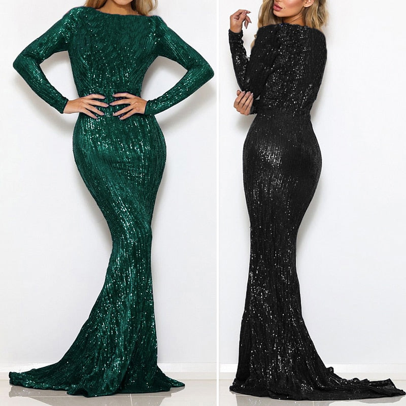 O Neck Full Sleeved Maxi Dress Stretch Sequined Floor Length Evening Party Dress