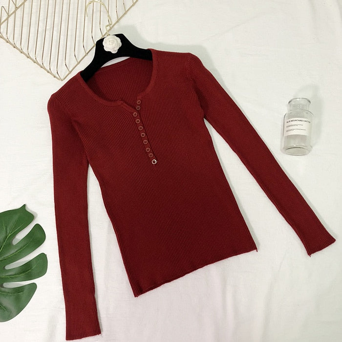 New 2023 Spring Button V Neck Sweater Women Basic Slim Knitted Pullover Women Sweaters And Pullovers Knit Jumper Ladies Sweater