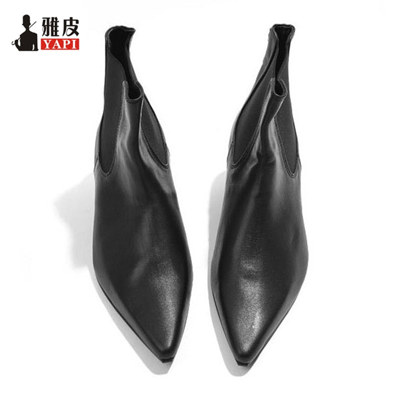 HOT !!! Genuine Leather Men&#39;s Pointed Toe Heels Trendy Man Slip-on Riding Boots Winter Heighten Shoes