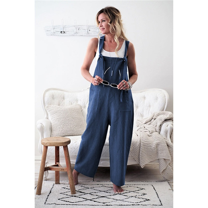 Women Rompers Casual Loose Jumpsuits Baggy Overalls With Pockets Solid Sleeveles Straps Bandage Harem Pants Basic Outfit Clothes