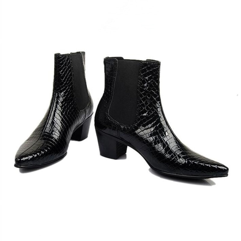 HOT !!! Genuine Leather Men&#39;s Pointed Toe Heels Trendy Man Slip-on Riding Boots Winter Heighten Shoes