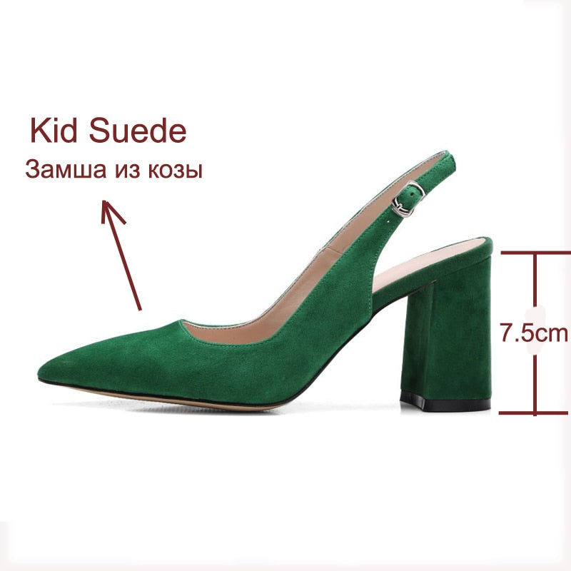 Meotina Women Shoes Kid Suede High Heels Pointed Toe Slingbacks Thick High Heel Pumps Autumn Lady Party Heels Green Beige 34-42