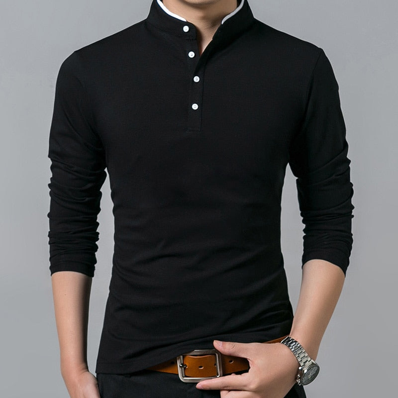 Liseaven T-Shirt Men Cotton T Shirt Full Sleeve tshirt Men Solid Color T-shirts tops&amp;tees Mandarin Collar Long Shirt