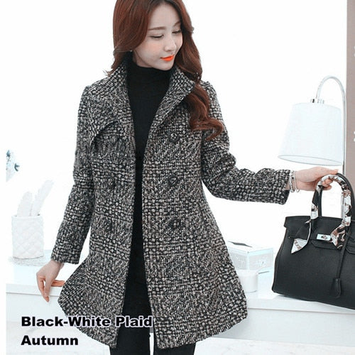 New Women&#39;s Wool Blends Coat Winter Autumn Fashion Elegant Mother Turtleneck Plaid Slim Long Tweed Woolen Outerwear Female