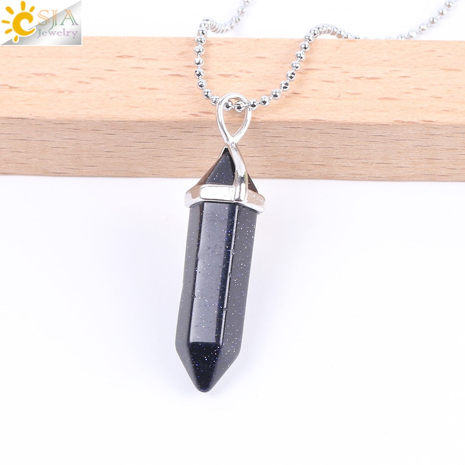 CSJA Real Raw Pink Purple Gem Crystals Necklace Hexagonal Bullet Reiki Chakra Natural Stone Necklace Pendant Women Jewelry E056