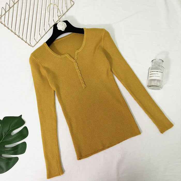 New 2023 Spring Button V Neck Sweater Women Basic Slim Knitted Pullover Women Sweaters And Pullovers Knit Jumper Ladies Sweater