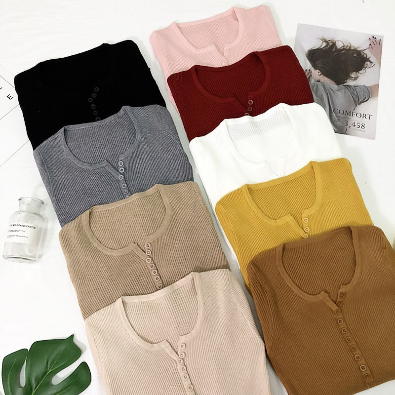 New 2023 Spring Button V Neck Sweater Women Basic Slim Knitted Pullover Women Sweaters And Pullovers Knit Jumper Ladies Sweater