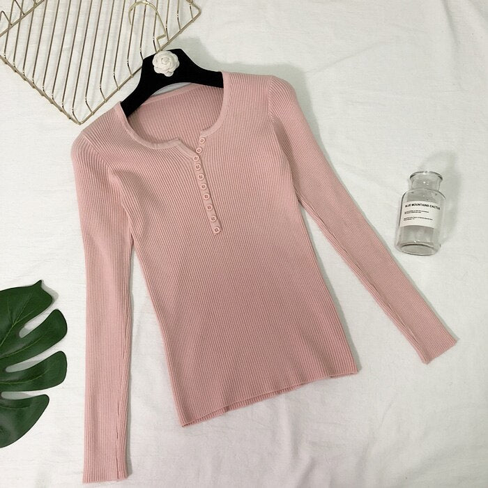 New 2023 Spring Button V Neck Sweater Women Basic Slim Knitted Pullover Women Sweaters And Pullovers Knit Jumper Ladies Sweater