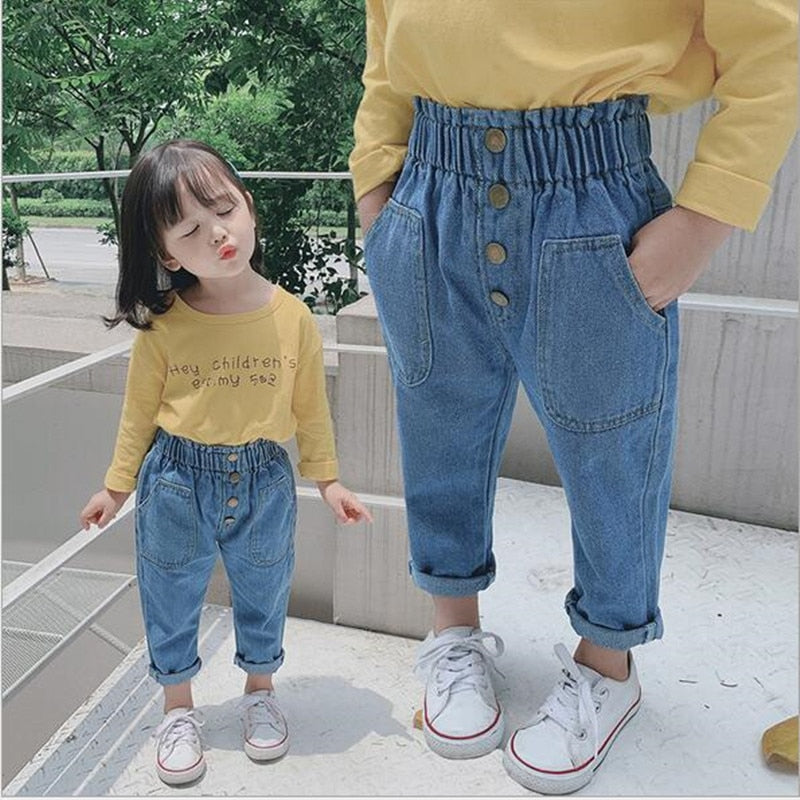 2022 New Arrival Autumn Baby Girls Denim Pants Children Kids Solid Jeans High Waist with Bottons Fashion Cute Girls Jeans