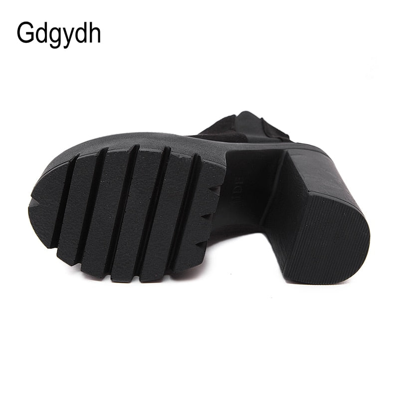 Gdgydh Fashion Black Ankle Boots For Women Thick Heels Spring Autumn Flock Platform Shoes High Heels Black Zipper Ladies Boots