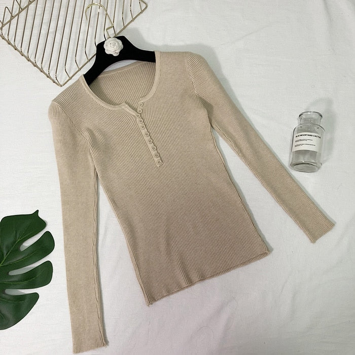 New 2023 Spring Button V Neck Sweater Women Basic Slim Knitted Pullover Women Sweaters And Pullovers Knit Jumper Ladies Sweater