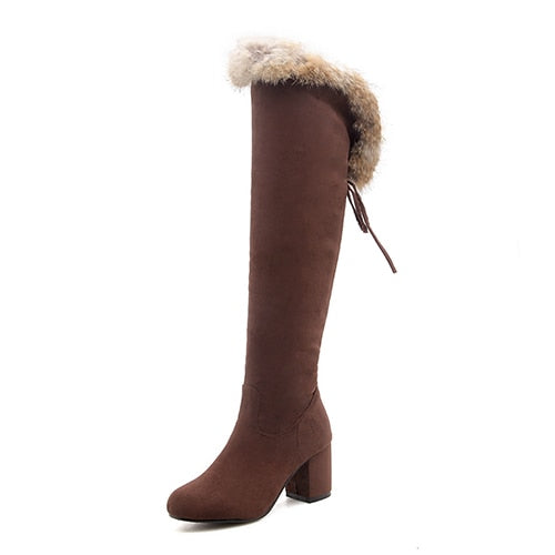 Gdgydh 2022 New Winter Boots Women Real Fur Large Size Snow Boots Ladies Black Square Heels Woman Shoes Over the Knee Boots