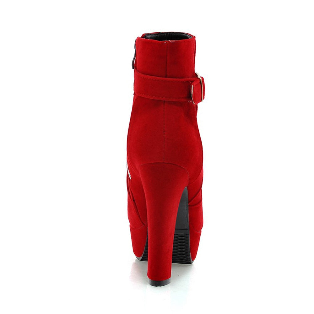 Meotina Female Boots Women Boots Winter Buckle Super High Heel Ankle Boots Zipper Platform Thick Heel Short Shoes Lady Red 33-43