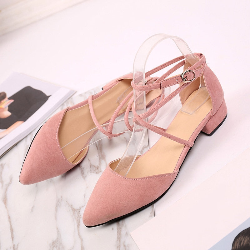 Women Buckle Casual Cross Strap Suede Summer Pumps New 2019 Ladies Pointed Toe Square Low Heels Female Flock Fashion Shoes