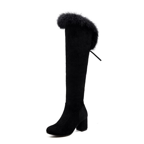 Gdgydh 2022 New Winter Boots Women Real Fur Large Size Snow Boots Ladies Black Square Heels Woman Shoes Over the Knee Boots