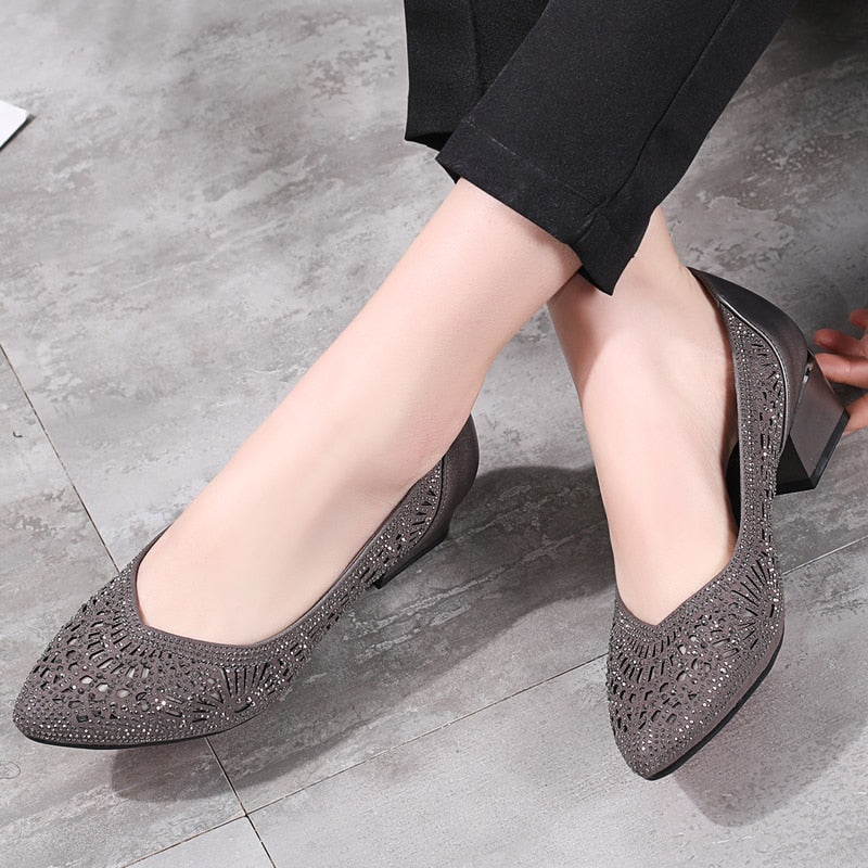 GKTINOO 2022 New Summer Fashion Pumps Cut-outs Women Crystal Casual Ladies Shoes High Heels Tenis Feminino Genuine Leather