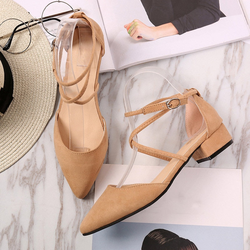 Women Buckle Casual Cross Strap Suede Summer Pumps New 2019 Ladies Pointed Toe Square Low Heels Female Flock Fashion Shoes