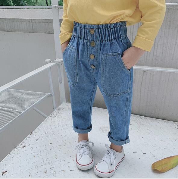 2022 New Arrival Autumn Baby Girls Denim Pants Children Kids Solid Jeans High Waist with Bottons Fashion Cute Girls Jeans