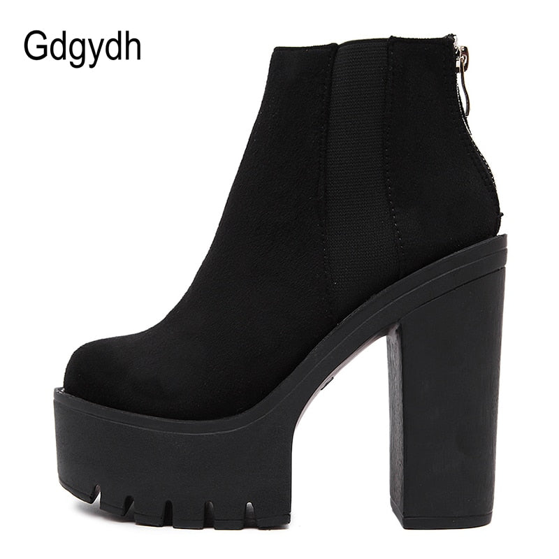 Gdgydh Fashion Black Ankle Boots For Women Thick Heels Spring Autumn Flock Platform Shoes High Heels Black Zipper Ladies Boots