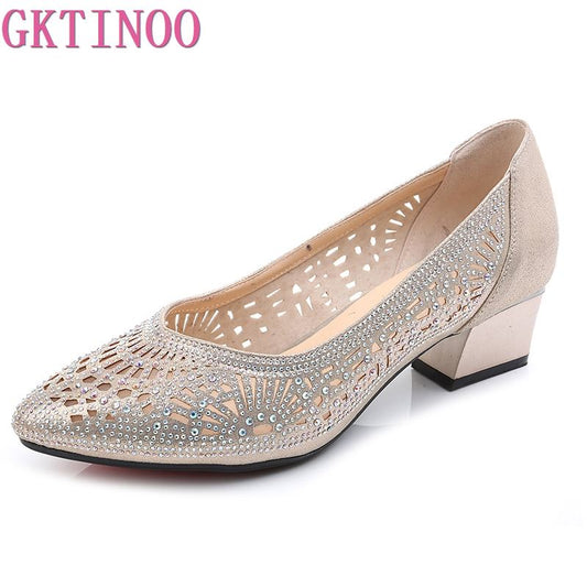 GKTINOO 2022 New Summer Fashion Pumps Cut-outs Women Crystal Casual Ladies Shoes High Heels Tenis Feminino Genuine Leather