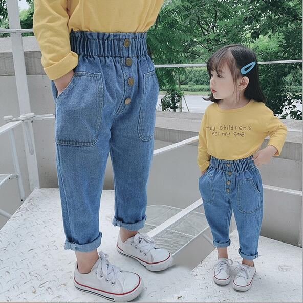 2022 New Arrival Autumn Baby Girls Denim Pants Children Kids Solid Jeans High Waist with Bottons Fashion Cute Girls Jeans