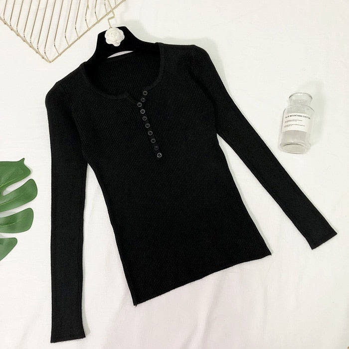 New 2023 Spring Button V Neck Sweater Women Basic Slim Knitted Pullover Women Sweaters And Pullovers Knit Jumper Ladies Sweater