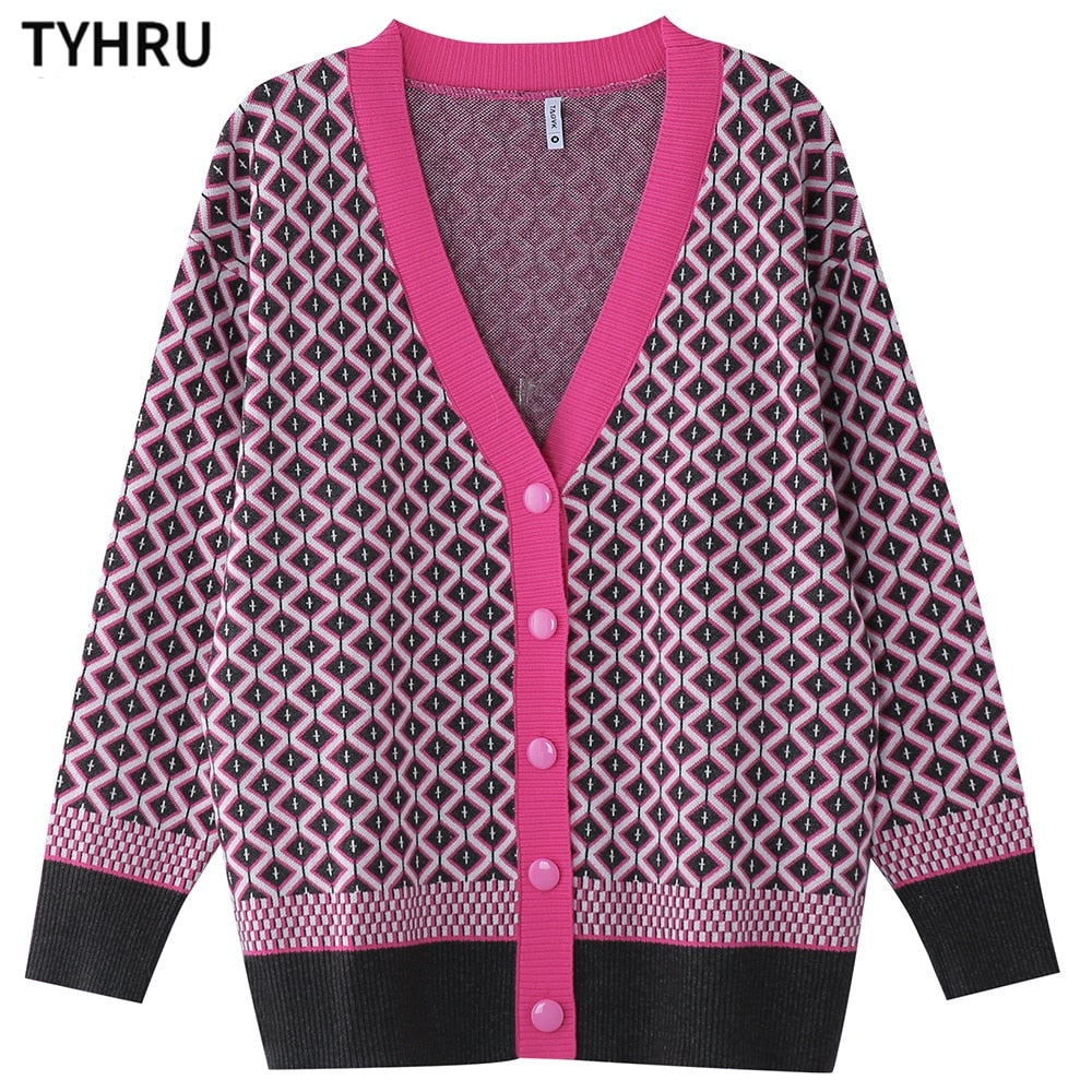 TYHRU Women&#39;s Knitting Sweater Color Matching Diamond Lattice Single-Breasted Buttons Loose Casual Knitted Cardigan Sweaters