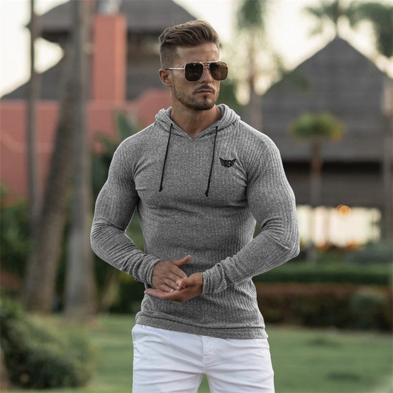 New Fashion Knitted Hooded T-shirt Men Pit Stripe Slim Fit Thin Sweaters Mens Long Sleeve Pullovers Knittwear Men Casual T shirt