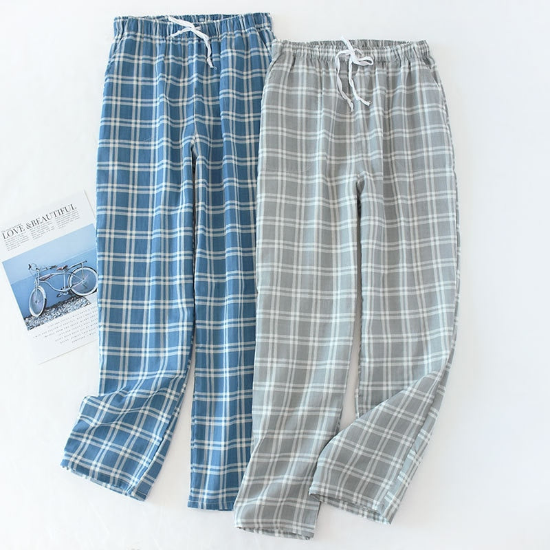 Men&#39;s Cotton Gauze Trousers Plaid Knitted Sleep Pants Woman Pajamas Pants Bottoms Sleepwear Short for Couples Pijama Hombre