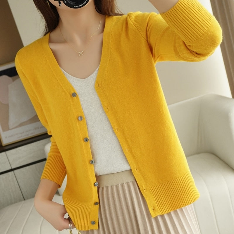 Spring Autumn New V-Neck Knitted Cardigan Women&#39;s Loose Large Size Thin Sweater All-Match Jacket Pure Color Basic Small Cardigan