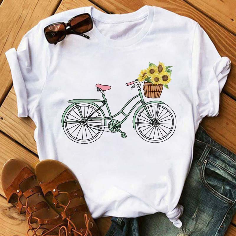 Maycaur New Funny Bicycle with Sunflower Women Tshirt Summer Harajuku Short Sleeve White T Shirts Cartoon Casual Woman Tops Tees