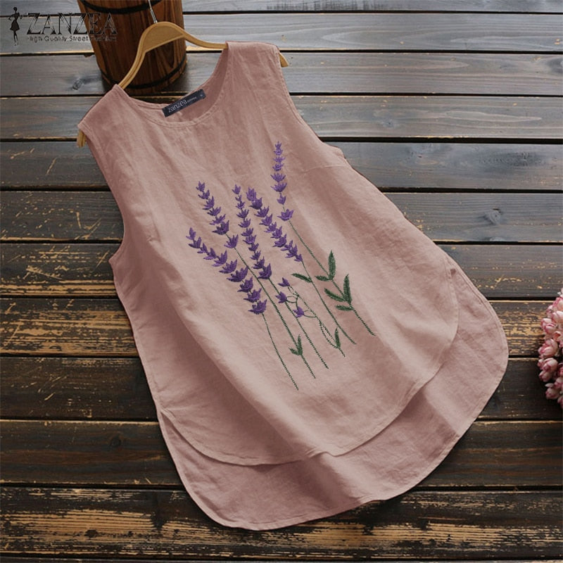 Women's Irregular Blouse ZANZEA 2022  Tanks Tops Casual Linen Blusas Female Sleeveless Chemise Summer Tee Shirts