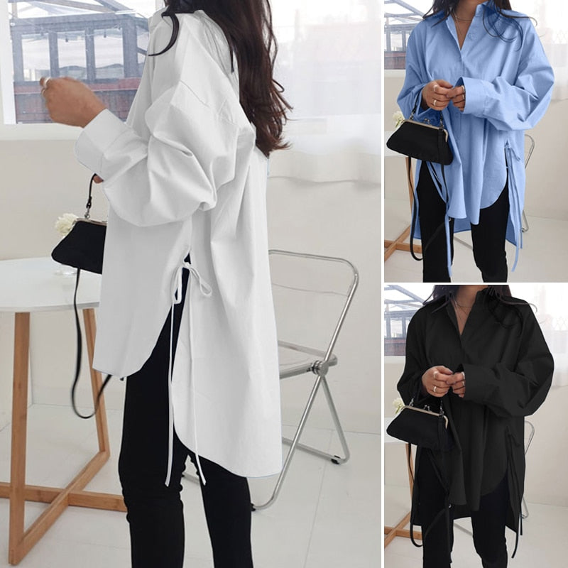 Stylish Solid Shirts Women&#39;s Asymmetrical Blouse 2022 ZANZEA Casual Lace Up Blusas Female Button Lapel Shirt Oversized Tunic