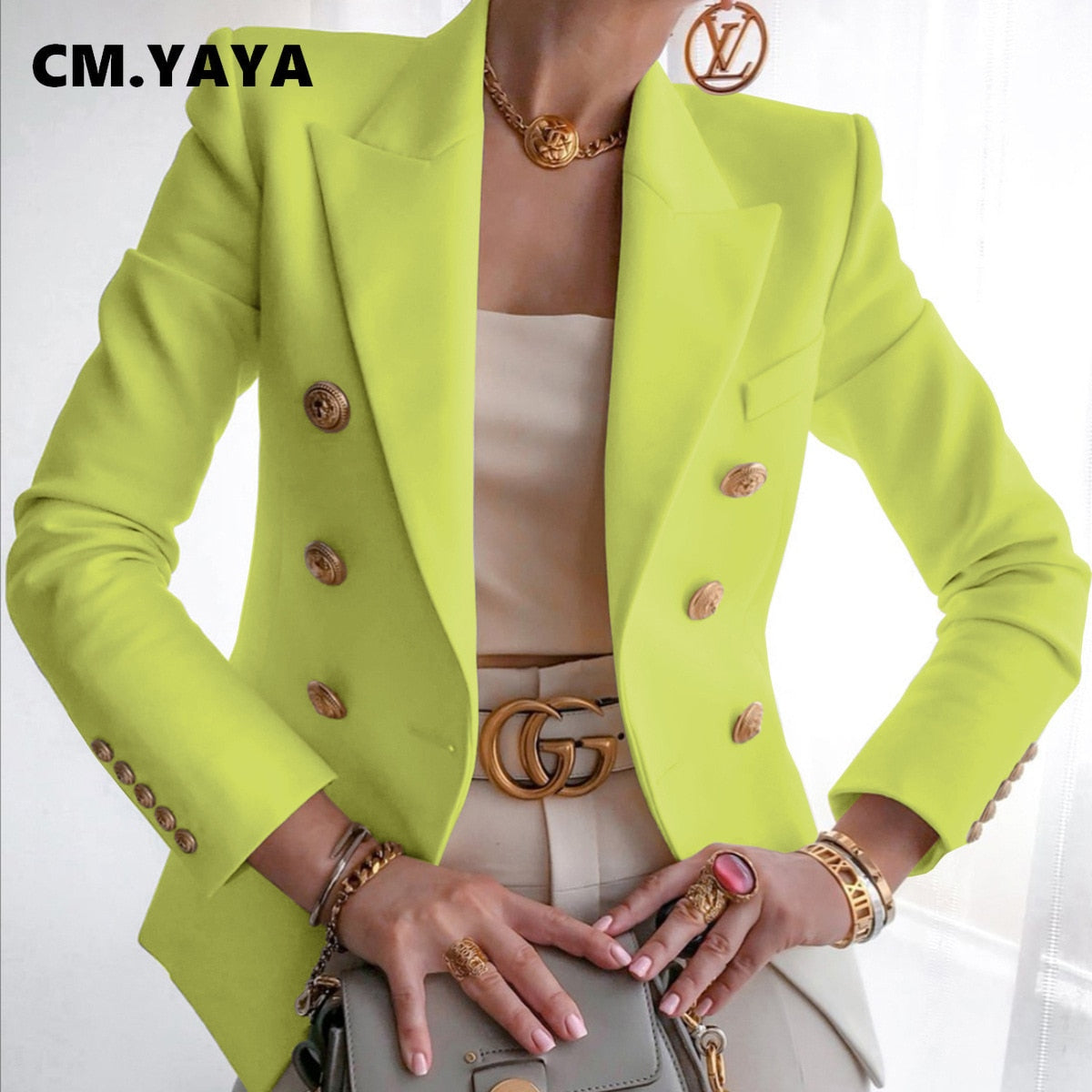 CM.YAYA Women Blazer Solid Full Sleeve Double Breasted Slim Casual Blazers Female Fashion High Streetwear Summer 2021