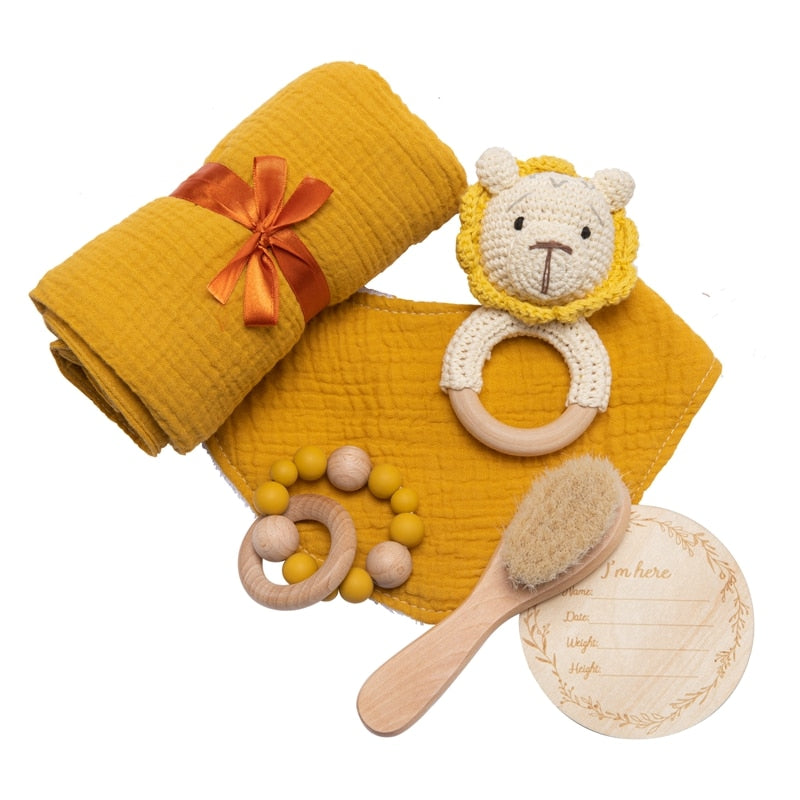 1Set Baby Bath Toy Set  Baby Bath Towel Wooden Rattle Bracelet Crochet Rattles Toys Infant Bath Products Newborn Bed Bell