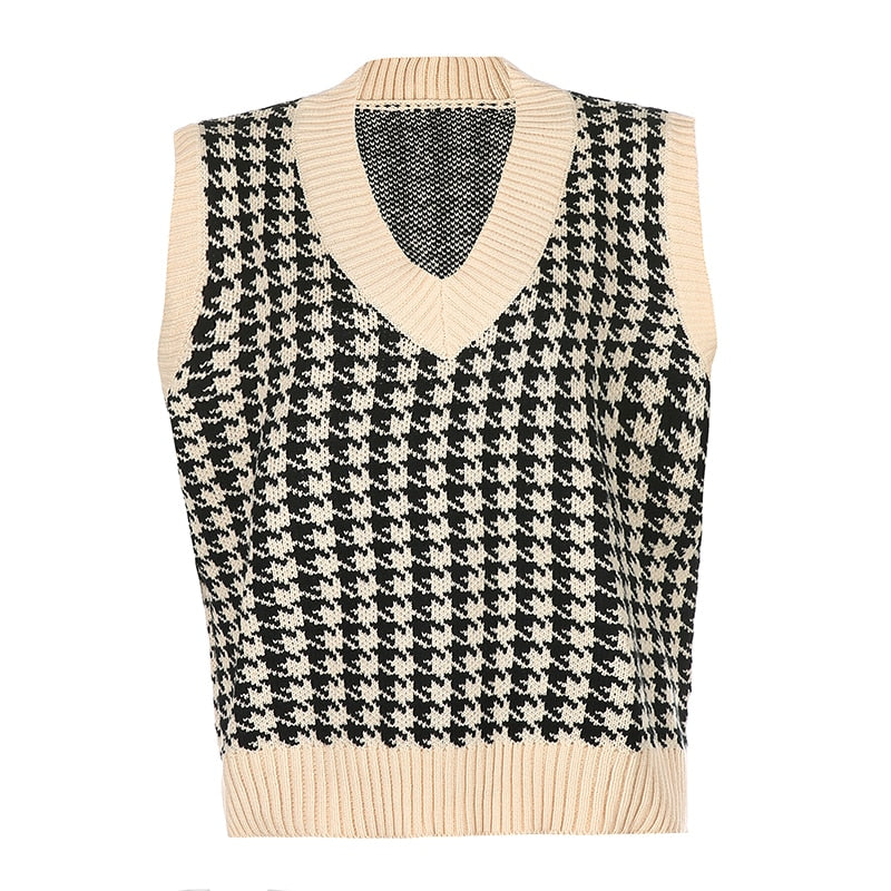 Sweetown Houndstooth Knitted Oversized Womens Sweater Vest Vintage Preppy Style Clothes V Neck Casual Loose 90s Knitwear Autumn