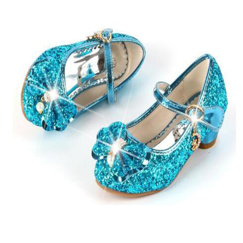 Princess Kids Leather Shoes For Girls Flower Casual Glitter Children High Heel Girls Shoes Butterfly Knot Blue Pink Silver