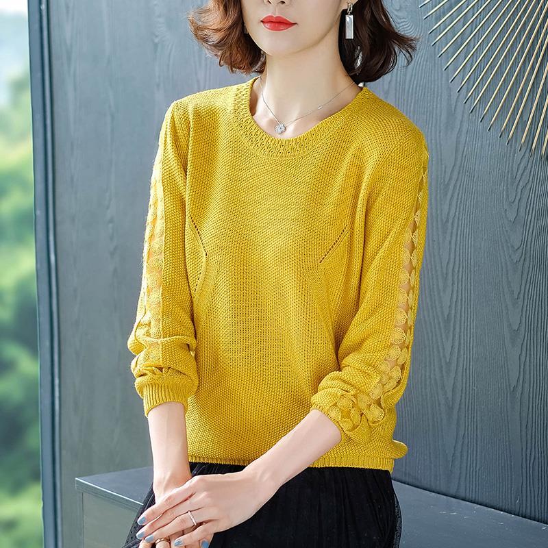 Stitching Lace Base Knitted Sweater Women Flowers Hollow Loose Round Neck Solid Color Casual Jumpers Female 2022 Spring