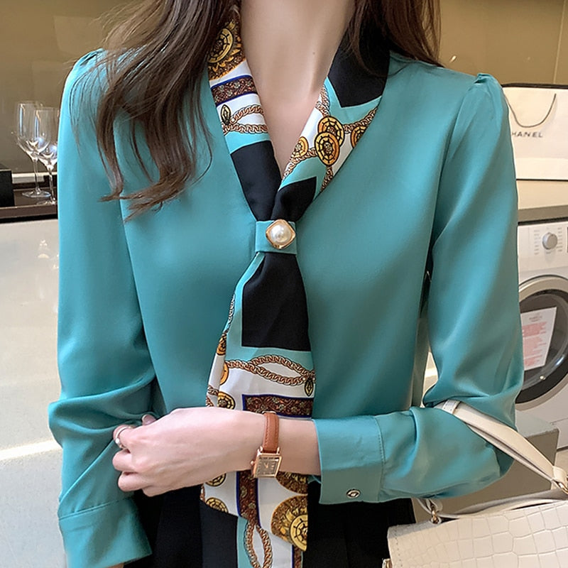 Autumn Long Sleeve Blouse Women Bow V-Neck Print Chiffon Blouse Shirt Tops Women Blusas Mujer De Moda 2021 Blouses Shirts E710