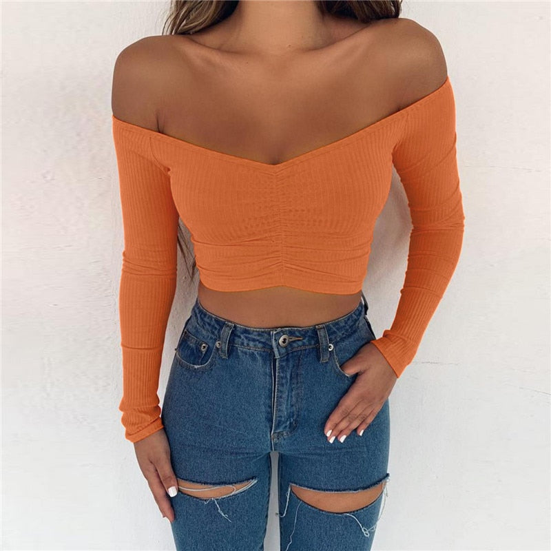 women T-shirts sexy and club fashion female T-shirt long sleeve off shoulder solid color lady Tshirt autumn basic tees