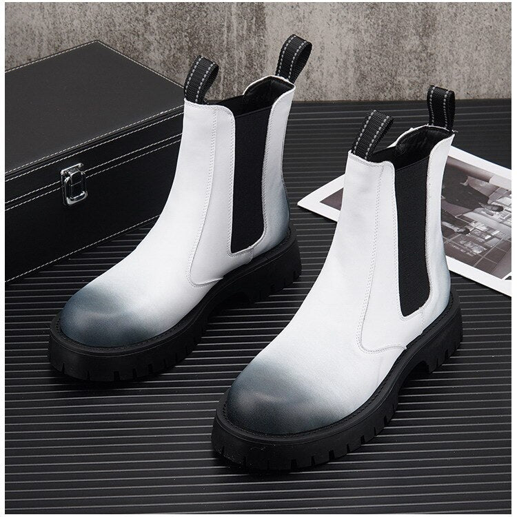 British Fashion Mens White Chelsea Boots Trending High Top Male Height Increasing Platform Short Mid Calf Motorcycle Botas 38-44