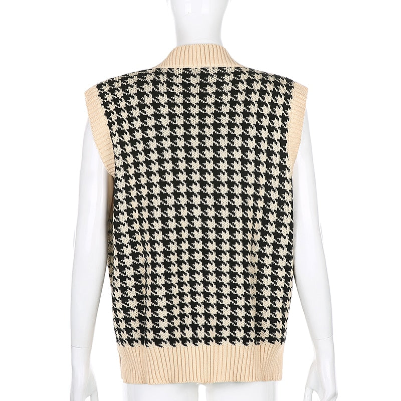 Sweetown Houndstooth Knitted Oversized Womens Sweater Vest Vintage Preppy Style Clothes V Neck Casual Loose 90s Knitwear Autumn