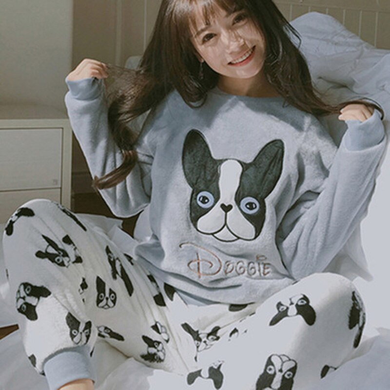 2021 Autumn Winter Pajamas Set Women Sleep Shirt & Pant Set Sleepwear Warm Flannel Nightgown Female Cartoon Bear Animal Pijamas