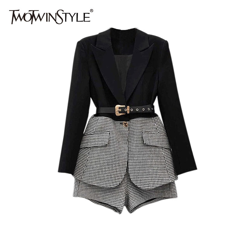 TWOTWINSTYLE Korean Patchwork Plaid Two Piece Set For Women Lapel Long Sleeve Sashes Blazer Wide Leg Shorts Casual Sets Female