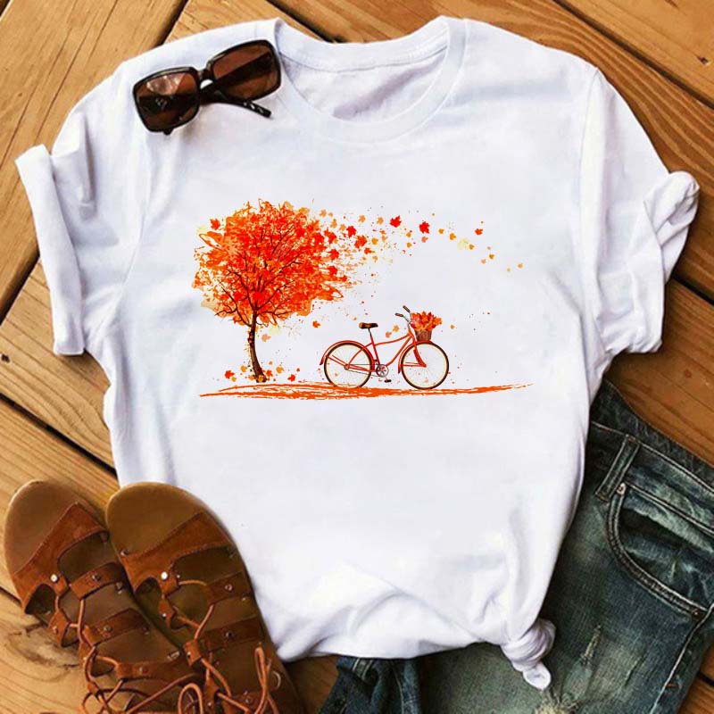 Maycaur New Funny Bicycle with Sunflower Women Tshirt Summer Harajuku Short Sleeve White T Shirts Cartoon Casual Woman Tops Tees