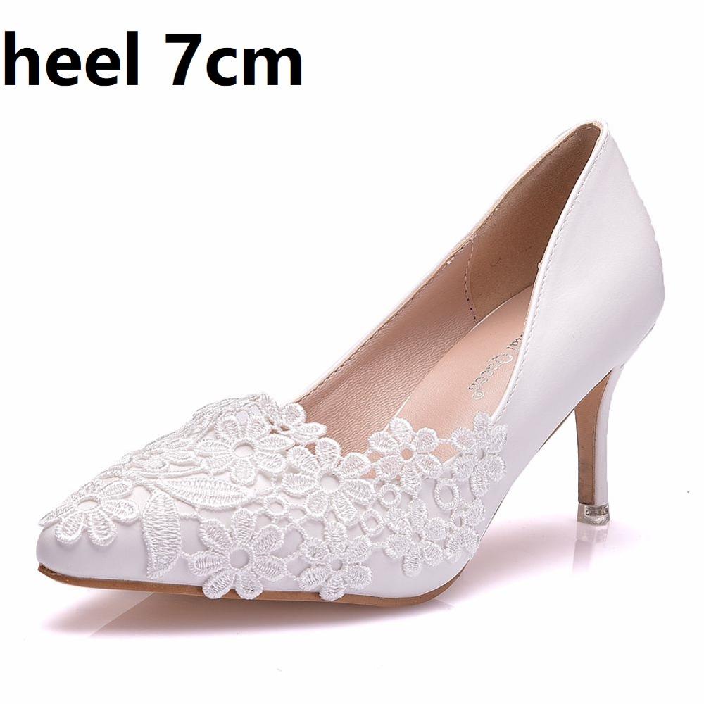 Crystal Queen White Lace Flower Pumps Womens Elegant Wedding Shoes Bride High Heels Platform Ladies Wedges Party Dress Stiletto