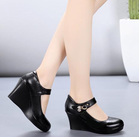 GKTINOO 2022 Spring Autumn Genuine Leather Women&#39;s Fashion High Heels Pumps Wedges Black Color Female Platform Shoes Large size