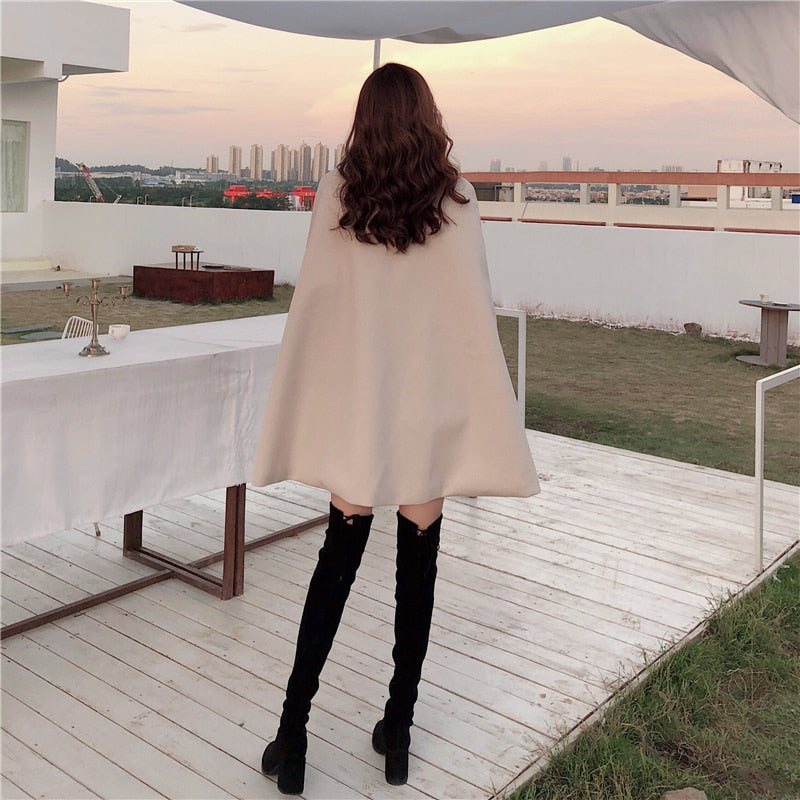 2022 Autumn High Quality Woolen Cloth Shawl Cape Poncho With Belt Women Mid-length Korean Sleeveless Casual Ladies Cape Coats