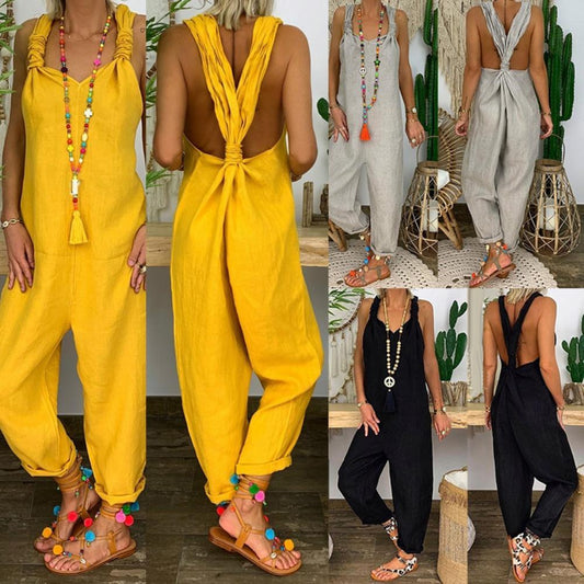 80% HOT SALES！！！Women Solid Color Bib Overall Sleeveless Backless Knotted Jumpsuit Dungarees