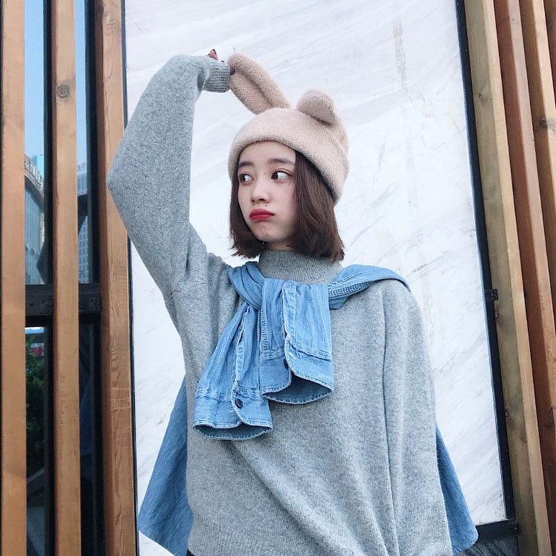 Draping rabbit ears rabbit fur hat women autumn and winter knitted wool hat winter warm Korean version of Japanese hat